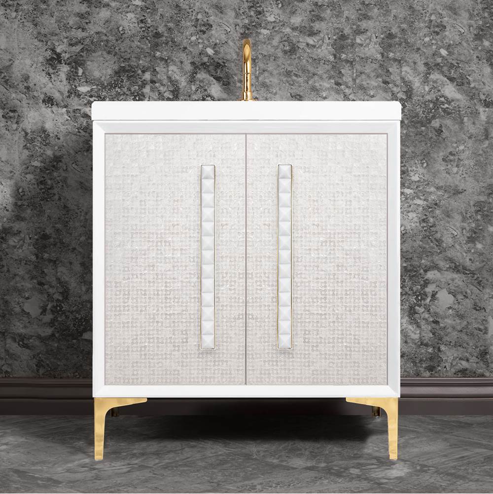 Linkasink MOTHER OF PEARL with 18'' Artisan Glass Pyramid Hardware 30'' Wide Vanity, White, Polished Brass Hardware, 30'' x 22'' x 33.5'' (without vanity top)