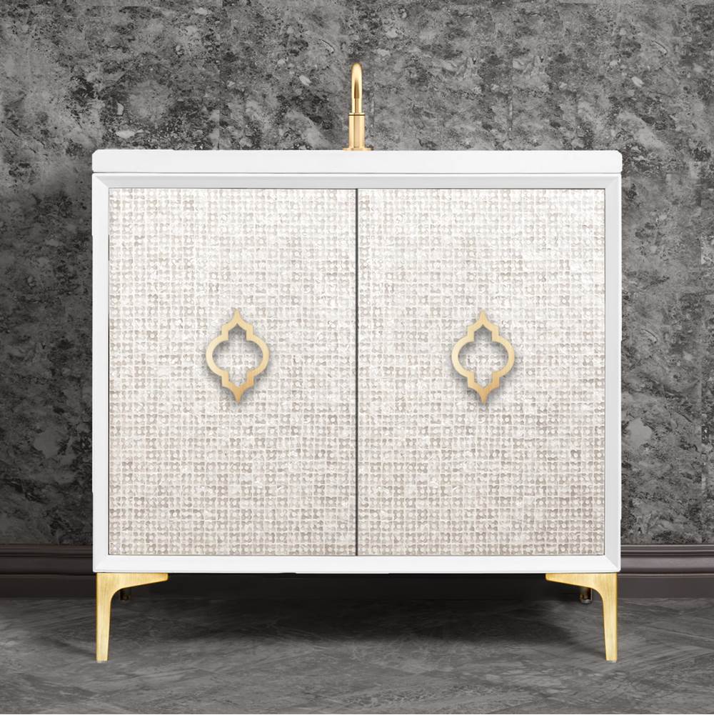 Linkasink Mother of Pearl 36'' Wide White Vanity with Satin Brass Arabesque Pull and Hardware