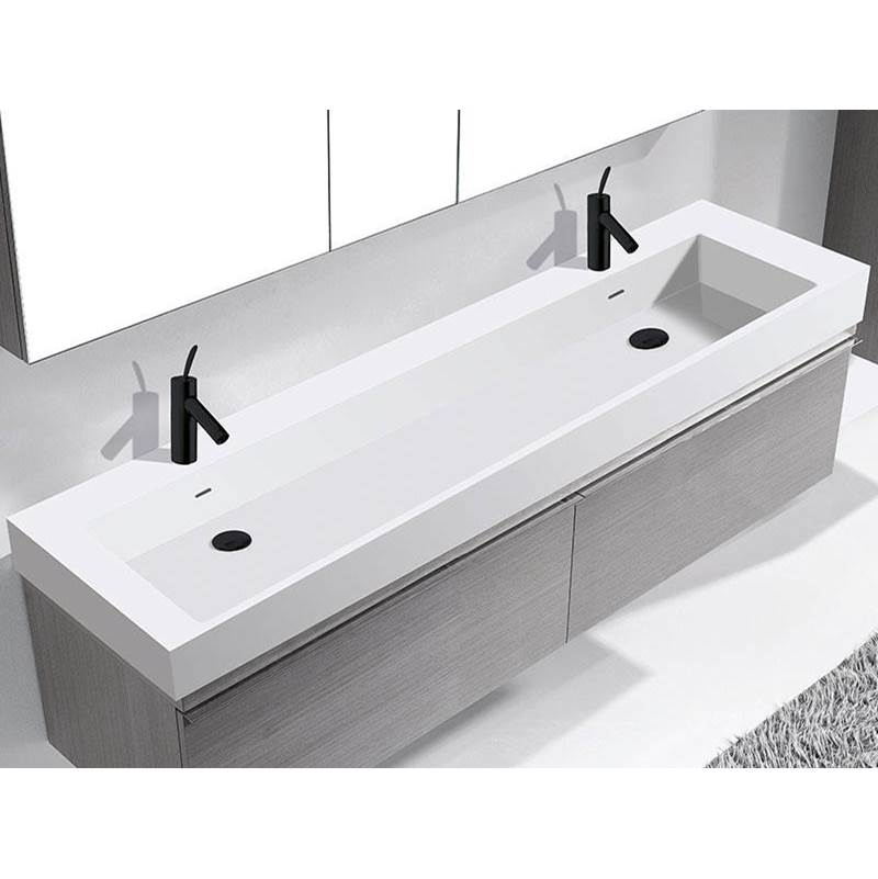 Madeli 18''D-Trough 72''W Solid Surface , Sink. Glossy White. 2-Bowls, No Faucet Hole. W/Overflow, Basin Depth: 5-3/4'', 71-3/8'' X 18-1/8'' X 4-1/2''