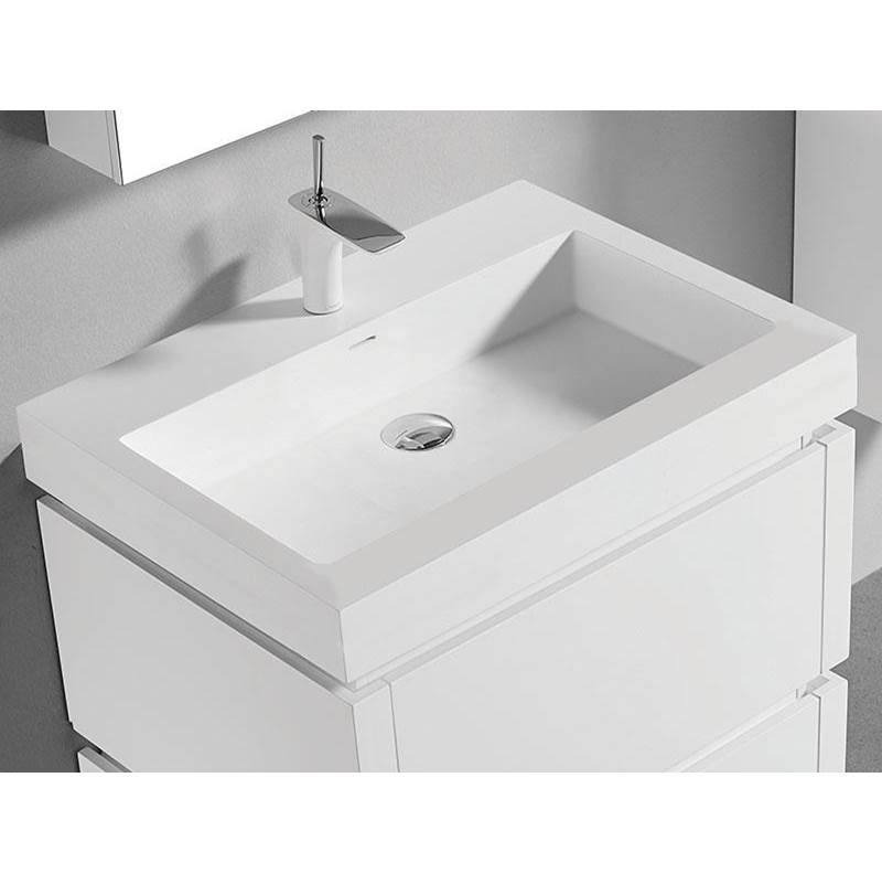 Madeli 22''D-Trough 24''W Solid Surface , Sink. Glossy White, Single Faucet Hole. W/Overflow, Basin Depth: 5-3/4'', 23-7/8'' X 22-1/8'' X 4-1/2''