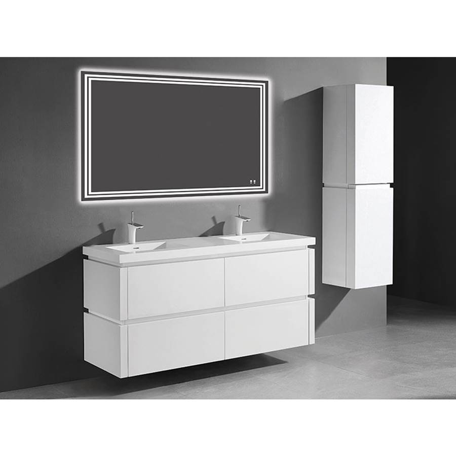 Madeli Cube 60''. White, Wall Hung Cabinet. 2-Bowls, 59-5/8'' X 22'' X 28''