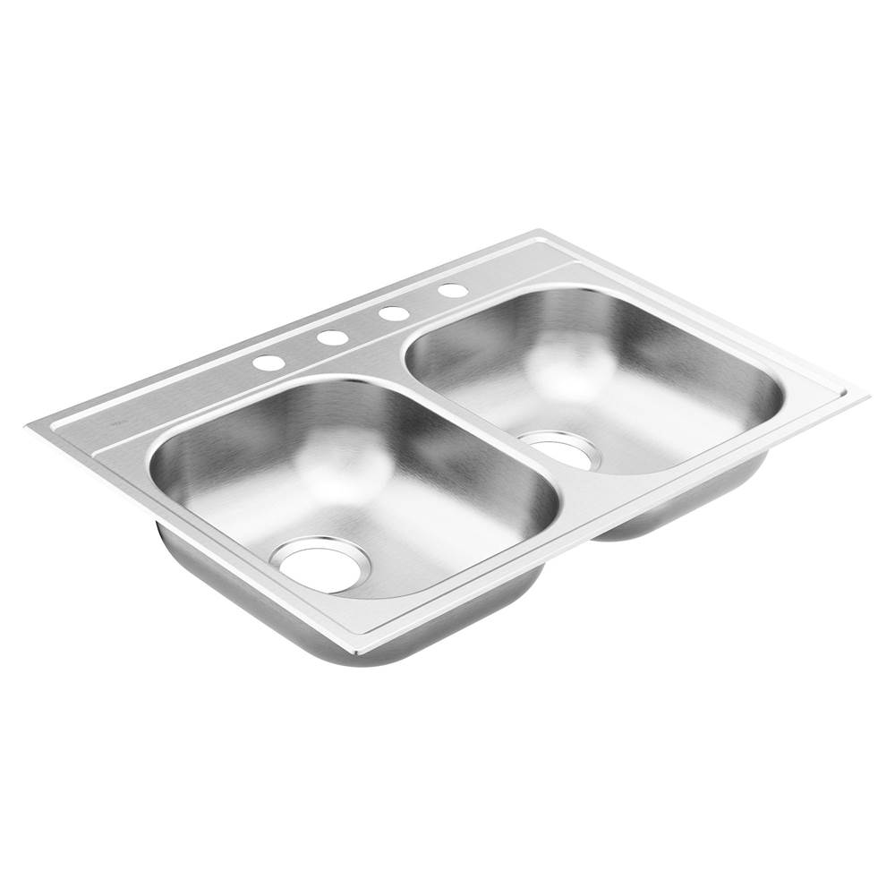 Moen 2000 Series 33-inch 20 Gauge Drop-in Double Bowl Stainless Steel Kitchen Sink, 4 Hole, Featuring QuickMount