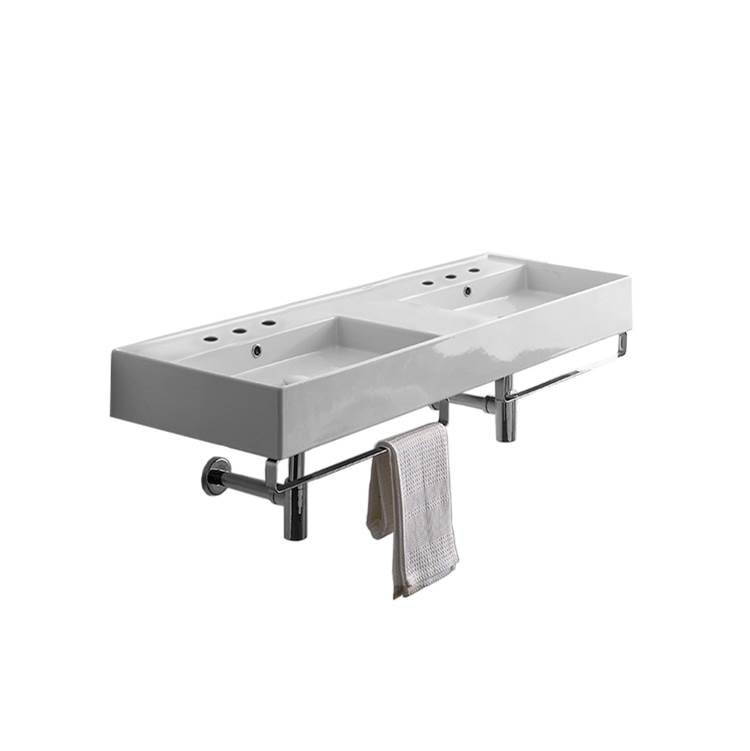 Nameeks Double Ceramic Wall Mounted Sink With Polished Chrome Towel Holder