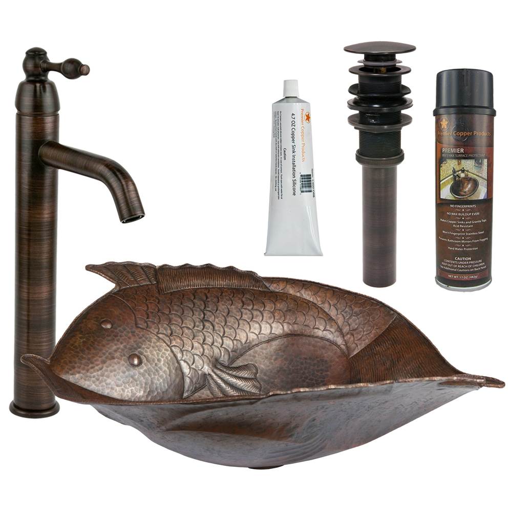 Premier Copper Products Two Fish Vessel Hammered Copper Sink with ORB Single Handle Vessel Faucet, Matching Drain and Accessories