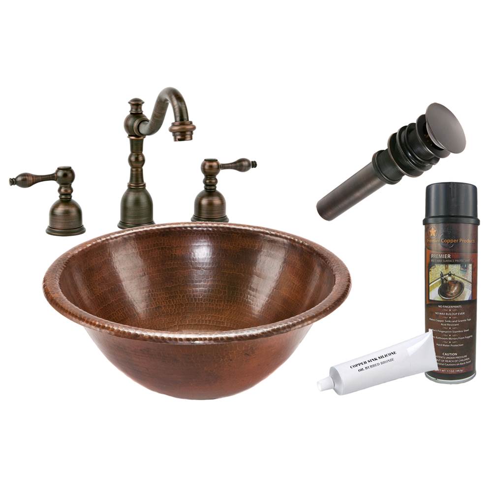 Premier Copper Products Round Self Rimming Hammered Copper Sink with ORB Widespread Faucet, Matching Drain and Accessories