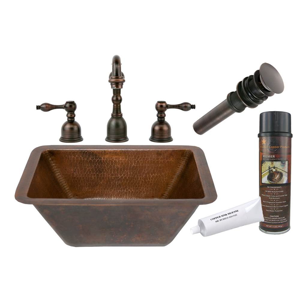 Premier Copper Products Rectangle Hammered Copper Sink with ORB Widespread Faucet, Matching Drain and Accessories