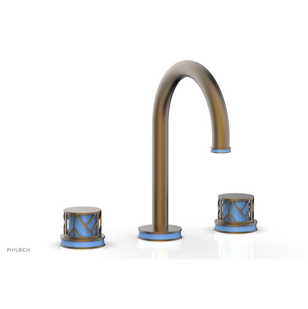 Phylrich Polished Brass Uncoated (Living Finish) Jolie Widespread Lavatory Faucet With Gooseneck Spout, Round Cutaway Handles, And Light Blue Accents - 1.2GPM