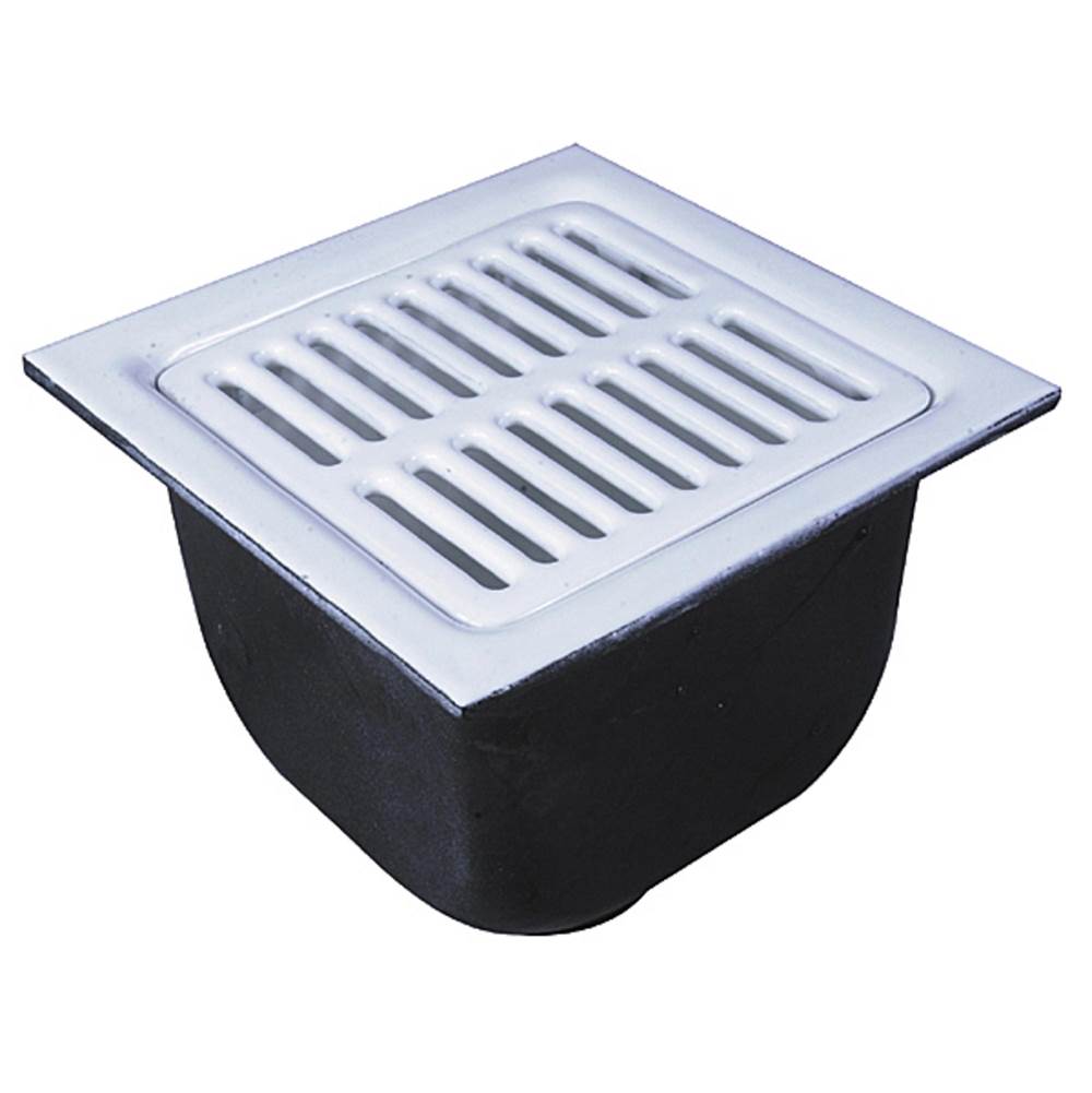 Watts Floor Sink, 3 IN Pipe, No Hub, 12 IN Square , 8 IN Deep Porcelain Enamel Coated Cast Iron Grate, Dome Bottom Strainer, Push On